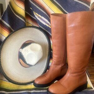 Mango Womens' 9 Leather Riding BootsTan With Black Rubber Soles Elegant Design